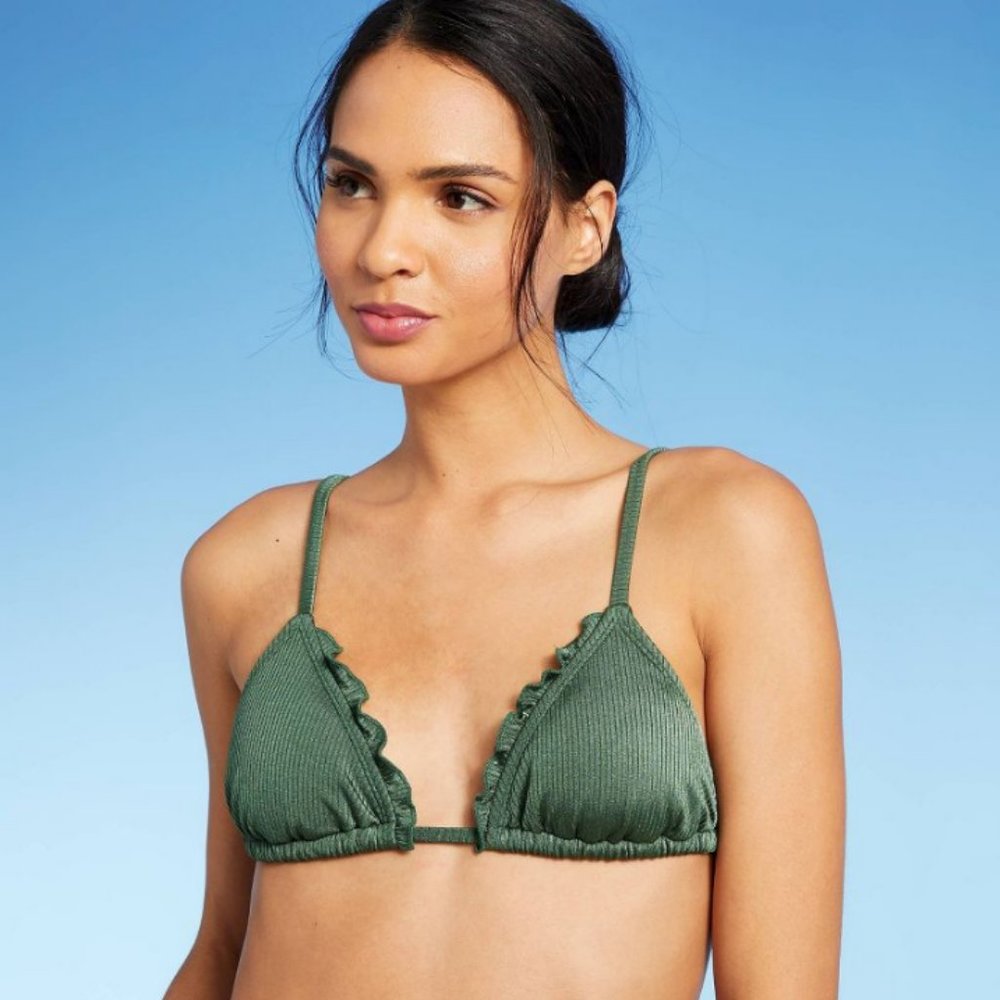 Xhilaration Shiny Ribbed Moss Green Ruffle Triangle Bikini Top -  M